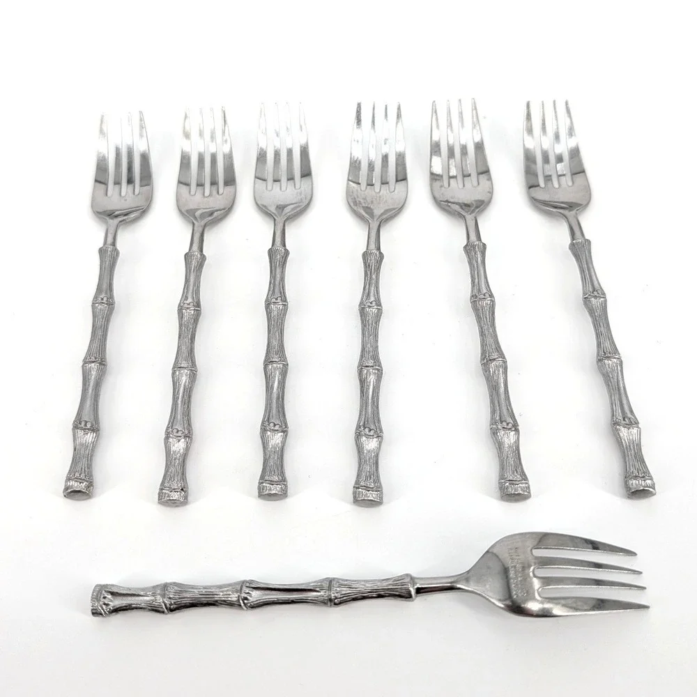 Oxford Hall Bamboo Handle Forks Set of 7 Stainless Steel Japan Vintage 7.25in
